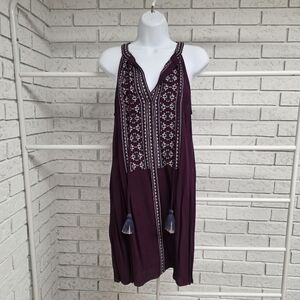 Blue Rain Embroidered Boho Tunic Dress Burgundy Tassel Tie Sz M